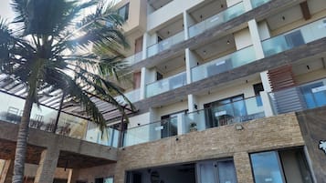 A multi-story building with balconies, large windows, and a palm tree.