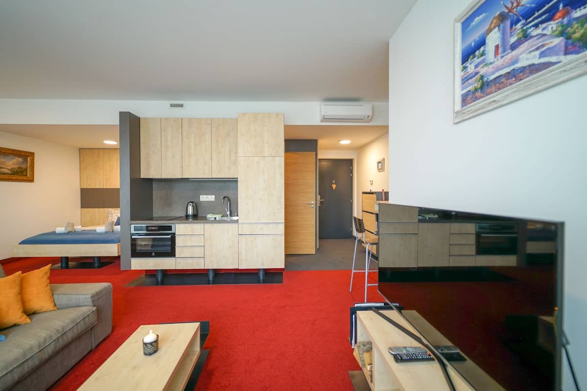 Ein modernes Wohnzimmer mit Sofa, Couchtisch und Fernseher. Es gibt eine Küchenzeile mit Schränken und Herd.