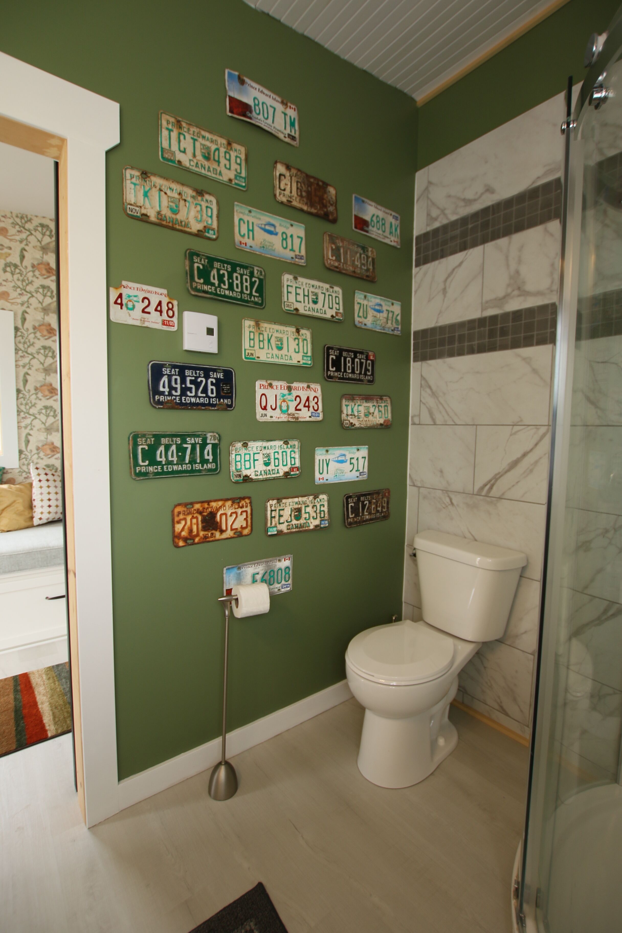 Une salle de bain avec un mur vert, des toilettes et un espace douche.