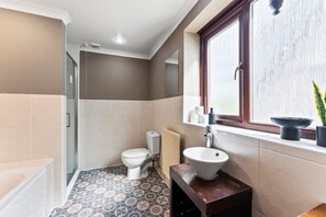 Hair dryer, towels, soap, toilet paper