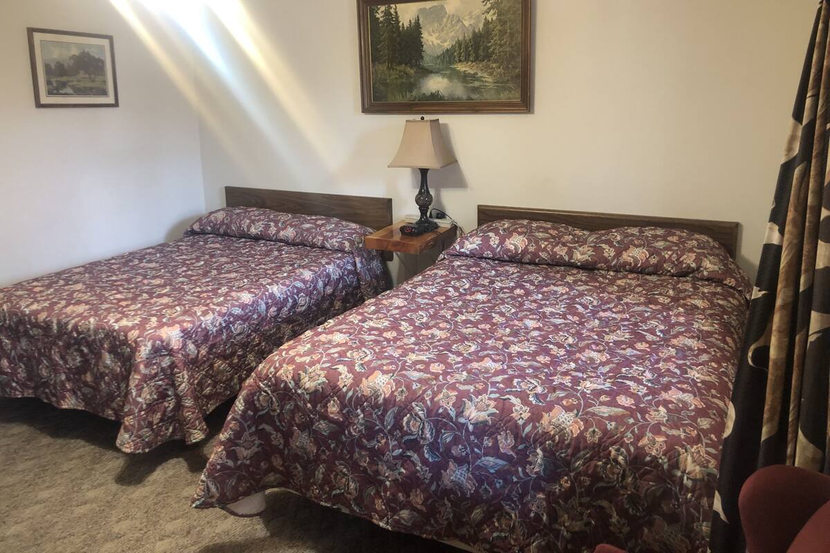 Una habitación con dos camas, un cuadro en la pared, una lámpara en una mesita de noche y una ventana con cortinas.