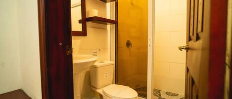 Un baño con inodoro, ducha y lavabo.