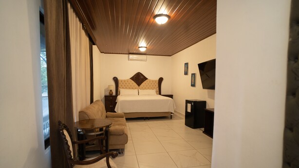 A bedroom with a bed, a sofa, a TV, and a desk.