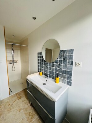 Hair dryer, towels, soap