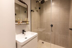 Douche, sèche-cheveux, serviettes fournies, shampoing