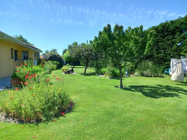 A well-maintained garden with a lawn, flowering plants, and a tree.