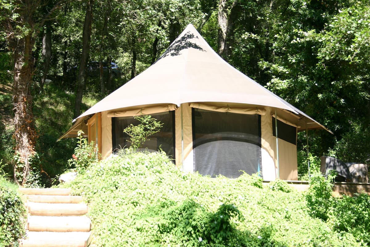 A dome-shaped tent with a canvas roof, surrounded by dense greenery and trees.