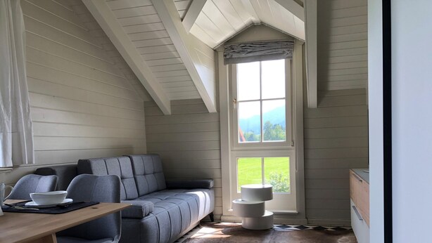 A cozy room with a gray sofa, a wooden table with a bowl and a cup, a fur rug, and a window with a view of green fields. - Rotes Haus Füssen Apartment Klassik (Füssen)