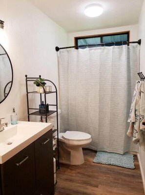 Hair dryer, towels, soap, shampoo