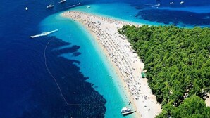 Vue aérienne d’une zone côtière avec une plage, des bateaux et une zone boisée.