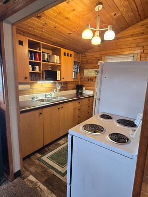 Fridge, microwave, oven, stovetop - Cozy 2 Bedroom LAKE FRONT Cabin on Chetek Chain of Lakes, GREAT LOT & LOCATION! (Chetek)