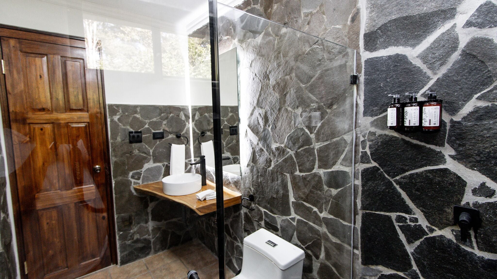 A bathroom with a stone wall, a wooden door, a glass shower enclosure, and a white toilet.