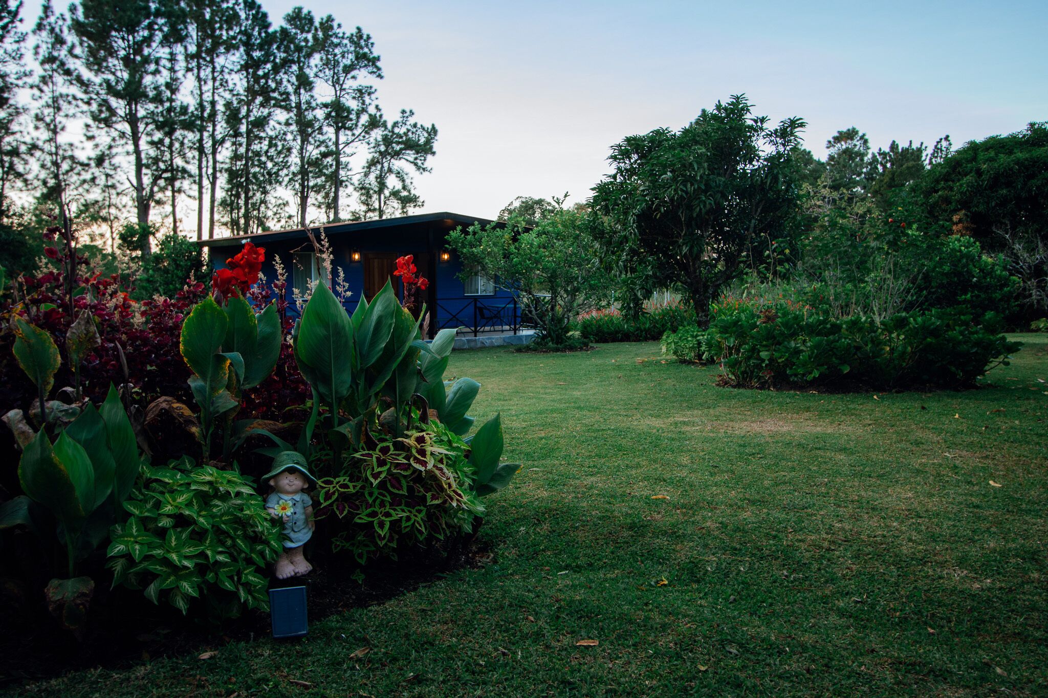 A garden with a small house, lush greenery, and a statue.