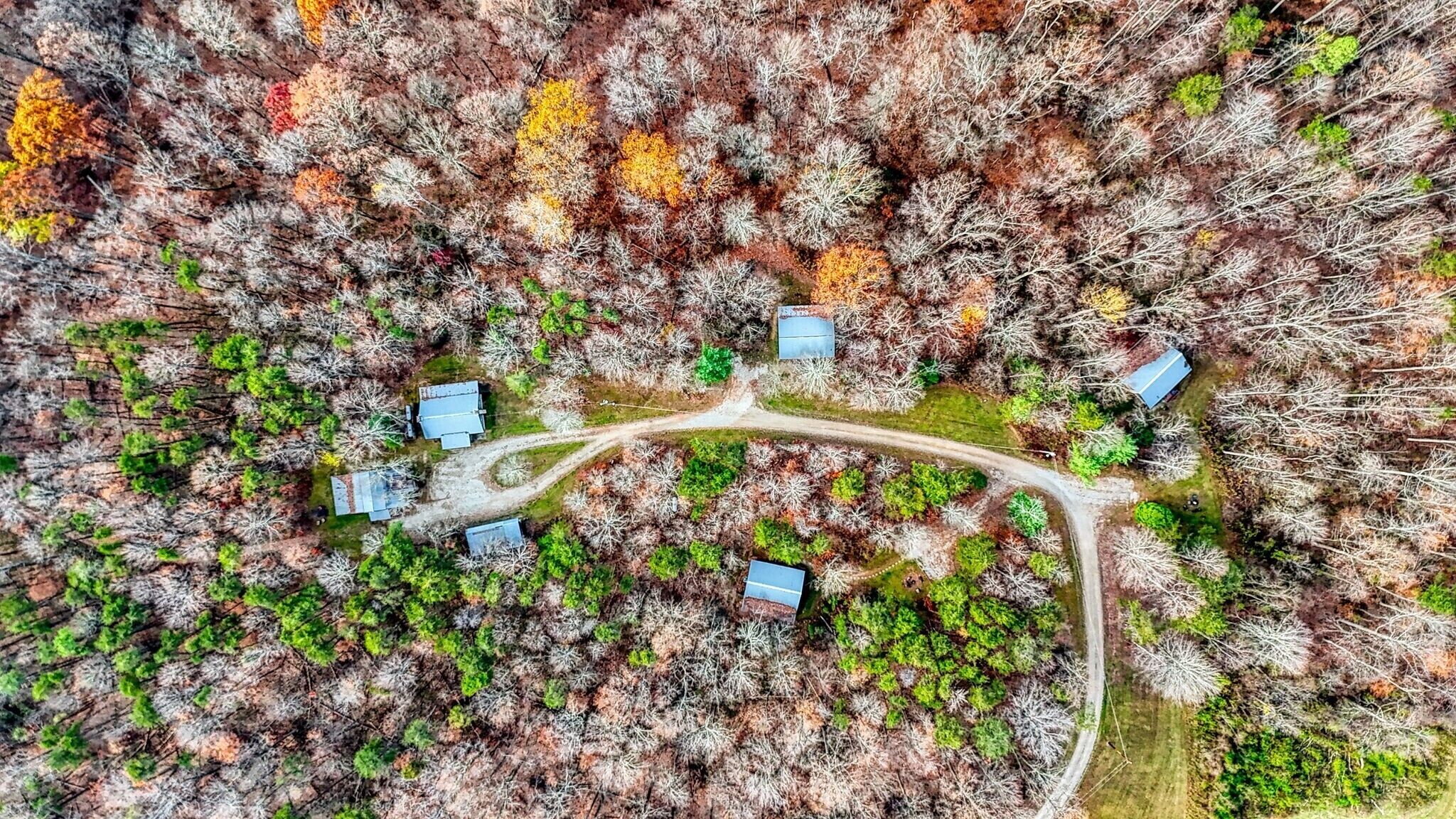 An aerial view of a property with a winding road, several small buildings, and a dense forest.