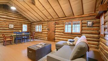 Fireplace, DVD player, books, video library