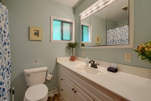 A bathroom with a toilet, sink, mirror, and a window with curtains.