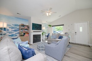 Smart TV, fireplace, video games, books