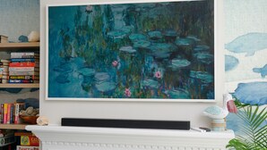 Een groot schilderij van waterlelies aan een muur, een boekenplank met boeken, en een decoratieve vogelsculptuur op een schoorsteenmantel.