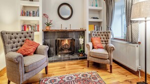 Un salón con chimenea, dos sillones, un tapete y estanterías.