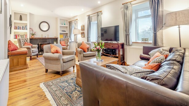 Una sala de estar con chimenea, estanterías, televisor y un sofá de cuero.