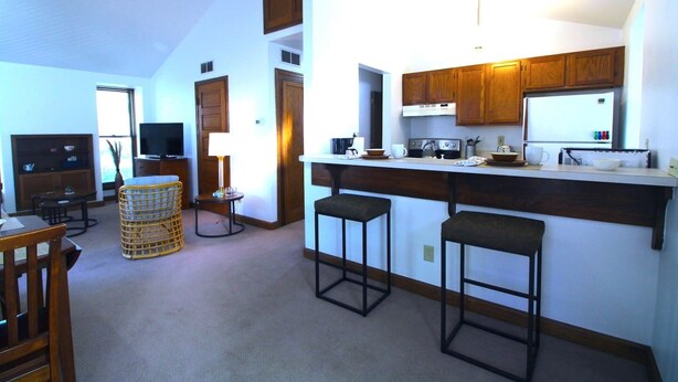 A compact kitchen with a bar area, wooden cabinets, and a television in the living area. - The Loft on Lundy | Short North Arts District (Columbus)