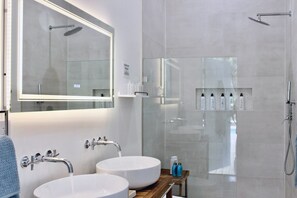 Ducha, secador de pelo, toallas, jabón