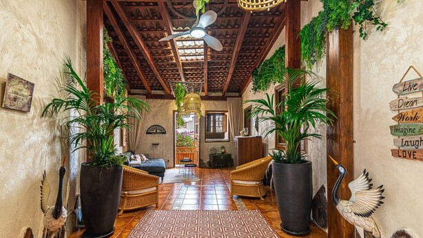 A hallway with a ceiling fan, potted plants, wicker furniture, and a patterned rug. - Holiday Home "Bernarda" with Heated Pool, Sea Views, Private Pool and Wi-Fi (Villa de Arico)