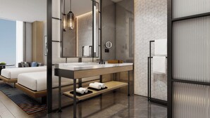 A modern bathroom with a large mirror, two sinks, a bench with towels, and a view of the sky. - Sheraton Taiyuan (Taiyuan)