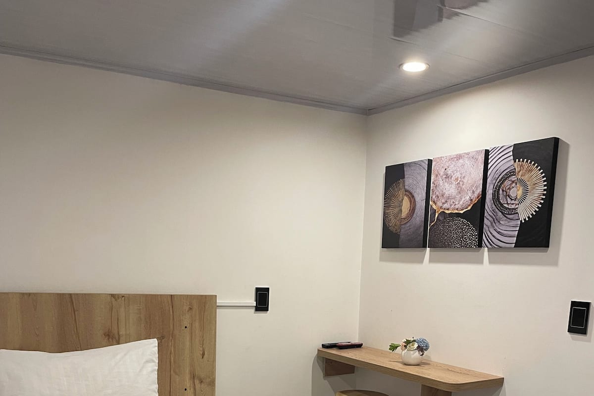 Una habitación de hotel con cama, escritorio y una obra de arte colgada en la pared.