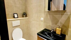 A modern bathroom with a toilet, sink, and mirror. - Luxury 2 bedrooms flat (Luxembourg City)