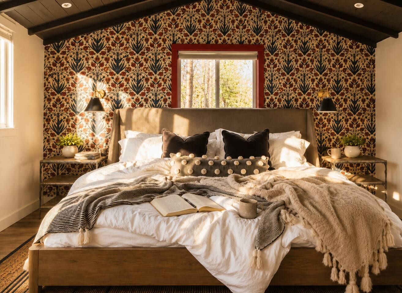 A bedroom with a patterned wallpaper, a wooden bed, and a window with daylight.