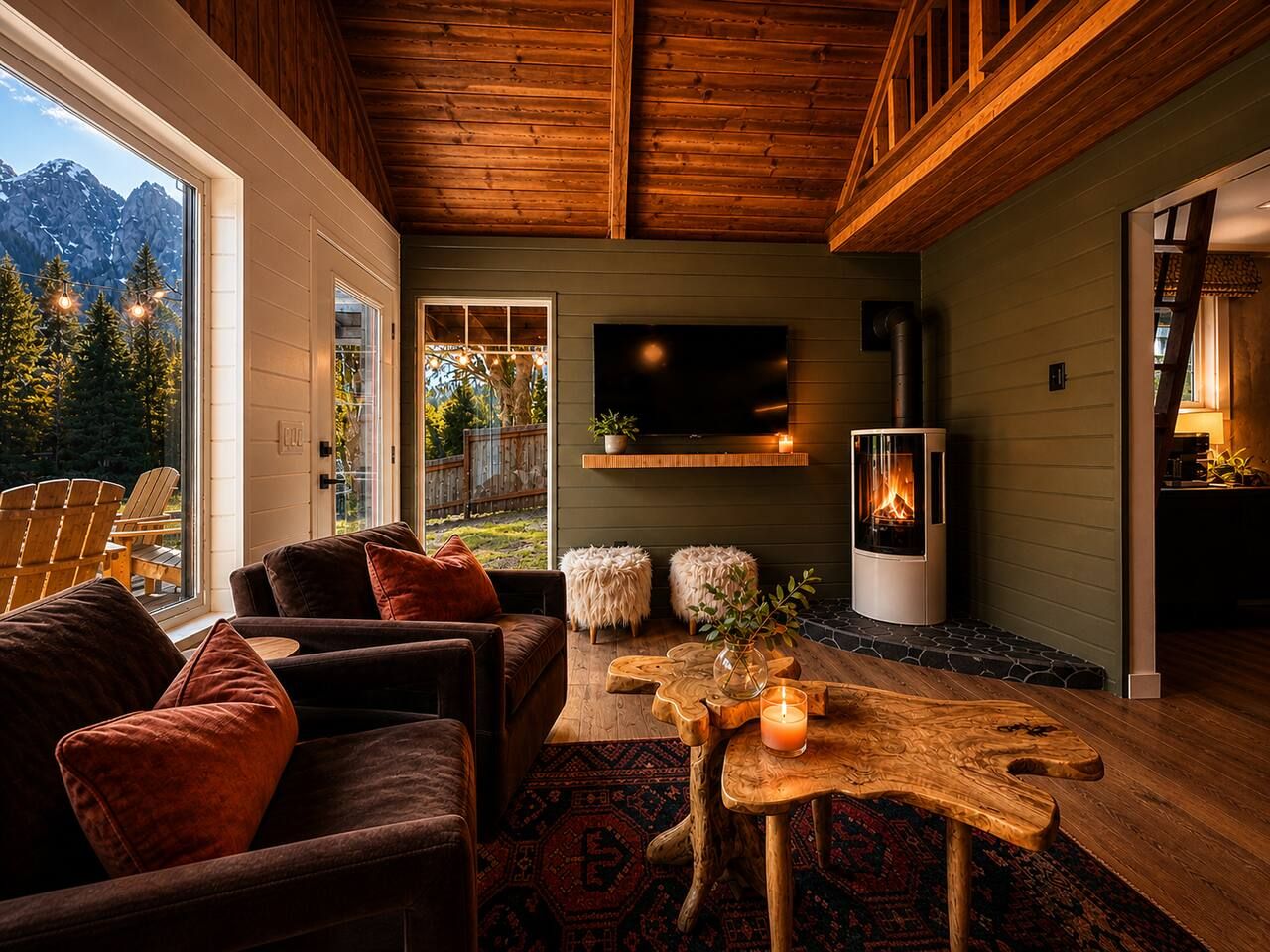 Una sala de estar acogedora con chimenea, asientos confortables y un ventanal con vistas a un bosque.
