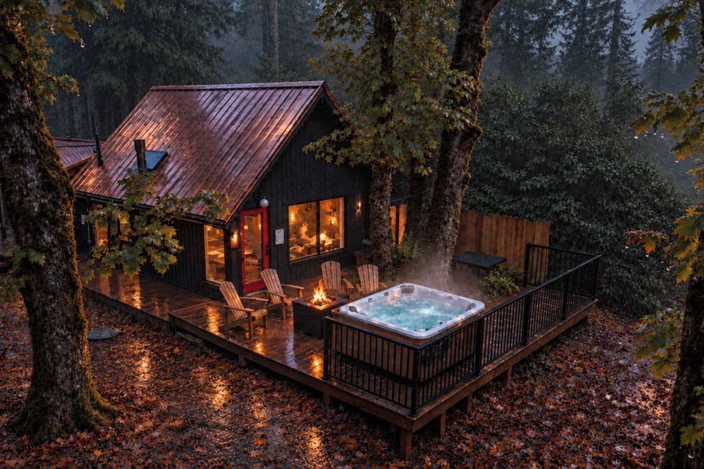 Una cabaña con jacuzzi, terraza y mobiliario exterior.