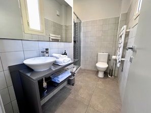 A modern bathroom with a large sink, toilet, and glass shower enclosure.
