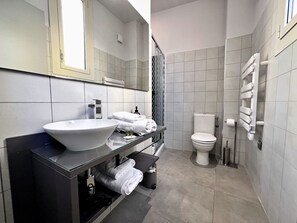 A modern bathroom with a large sink, toilet, and glass shower enclosure.
