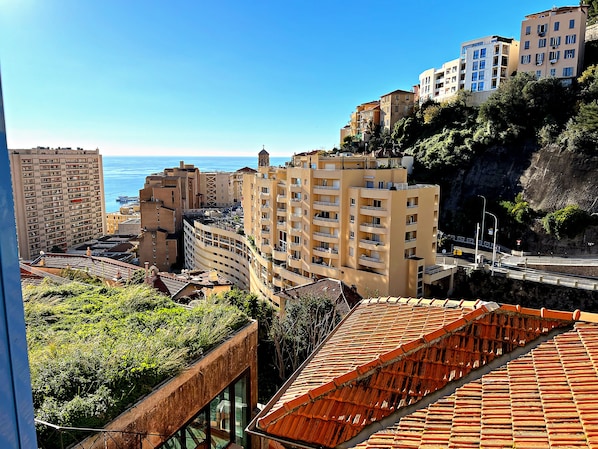 A coastal cityscape with high-rise buildings, terraced houses, and a view of the sea.