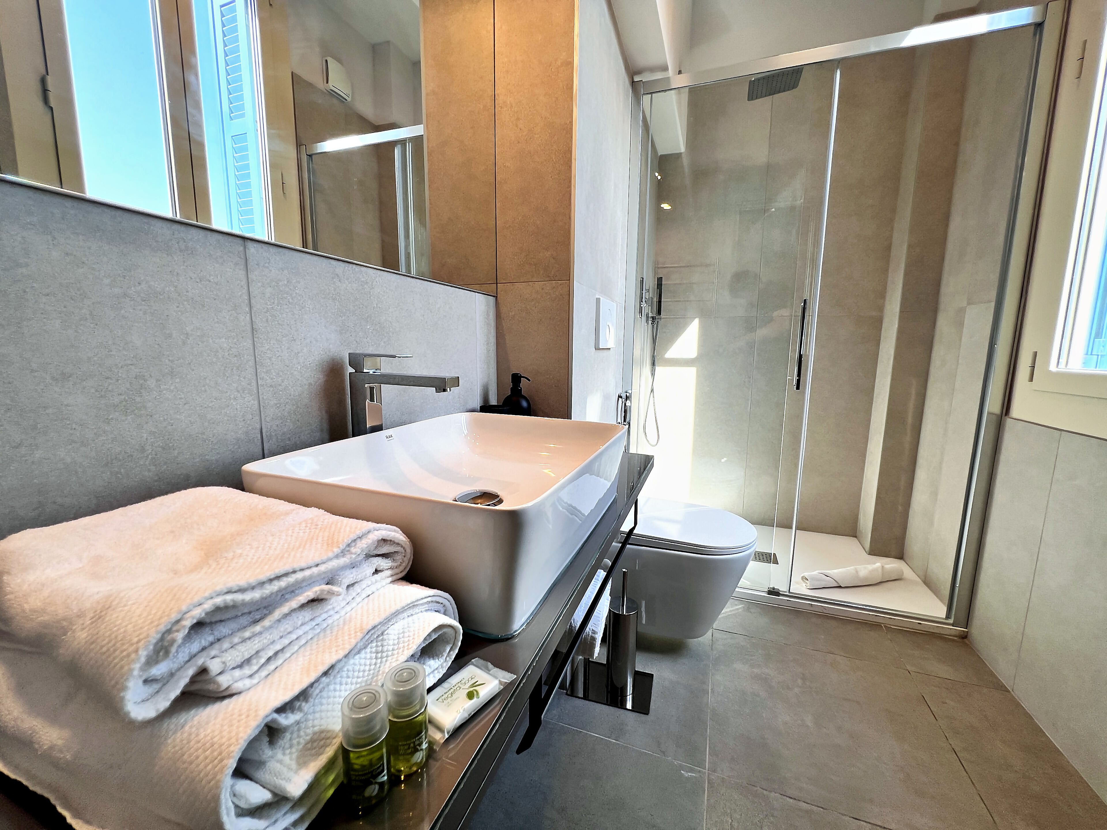 A modern bathroom with a large sink, a toilet, and a shower area.