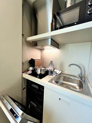Cocina compacta equipada con microondas, estufa, pileta y lavavajillas.