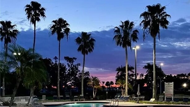 A clear pool with palm trees and a sunset in the background. - Parker Lakes Heated Pool, Spa and Sports Park <8 miles to Beach, Margaritaville. (Fort Myers)
