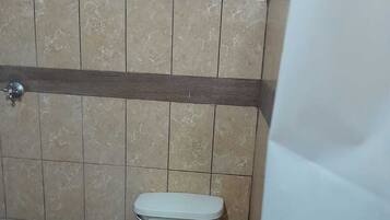 A bathroom with a toilet, a shower area, and tiled walls.