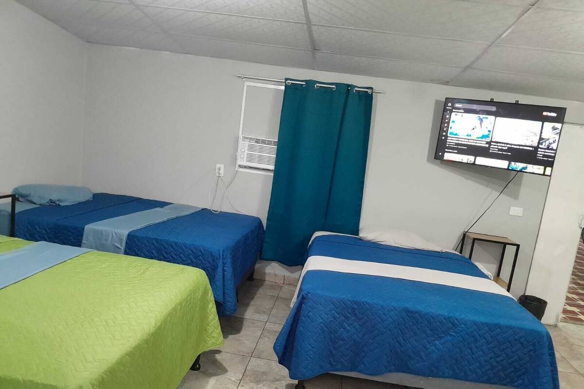 Une chambre avec trois lits, chacun recouvert d’une couvre-lit de couleur différente. Un téléviseur est fixé au mur, et il y a une fenêtre avec des rideaux.