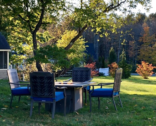 Un espace extérieur aménagé avec une table et quatre chaises, entouré d’arbres et d’une pelouse.