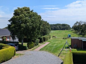 Un paysage rural avec un grand arbre, un champ d’herbe et un bâtiment entouré d’une zone délimitée par une clôture.