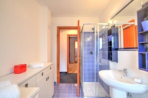 Shower, hair dryer, bidet, towels