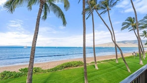 A beach view with palm trees and a clear sky. - Remodeled Beachfront 2BD w Year Round Beach - Maalaea Surf A6 (Kihei)