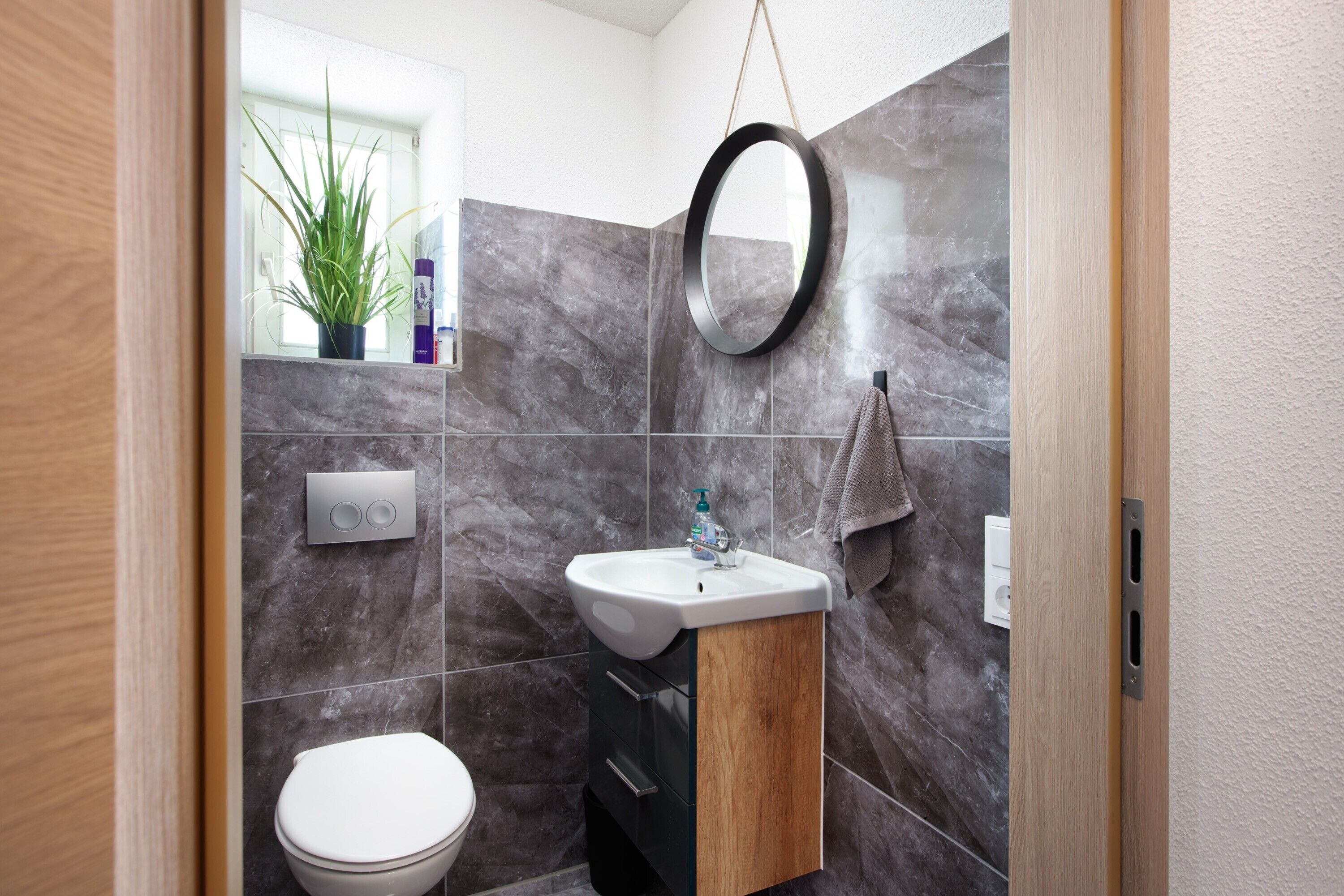 Une salle de bain équipée de toilettes, d’un lavabo, d’un miroir et d’une plante en pot.