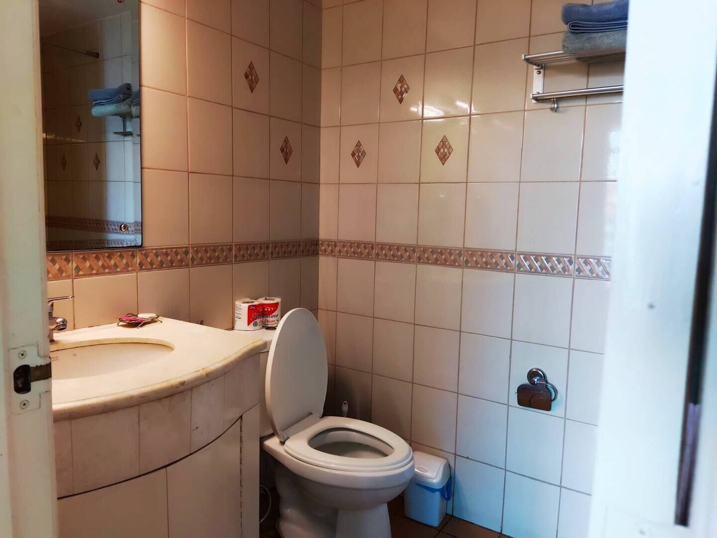 Een badkamer met toilet, wastafel en spiegel.