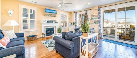 Smart TV, fireplace, books