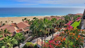 A coastal hotel with a beach view, palm trees, and a courtyard with flowers. - Oceanview 2BR/2BA Presidential Suite at Sunset Beach Oceanfront Resort, Golf Spa (Cabo San Lucas)