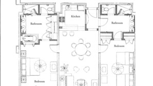 A floor plan of a presidential suite with a terrace, kitchen, two bathrooms, two bedrooms, and a living room. - Oceanview 2BR/2BA Presidential Suite at Sunset Beach Oceanfront Resort, Golf Spa (Cabo San Lucas)